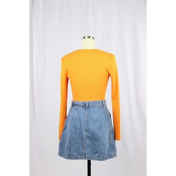 AVEC LES FILLES Orange Ribbed Knit Sweetheart Neckline Cheeky Bodysuit, Size S - Picture 2 of 13